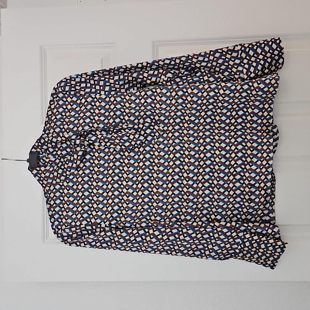 Zara Geometric Print Tie Neck Button Back Long Sleeve Blouse Brown Blue XS